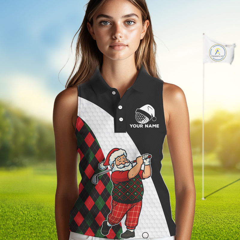 Funny Santa Golf Christmas Sleeveless Polo Shirt green & red argyle pattern Custom Ladies Golf outfit NQS11053