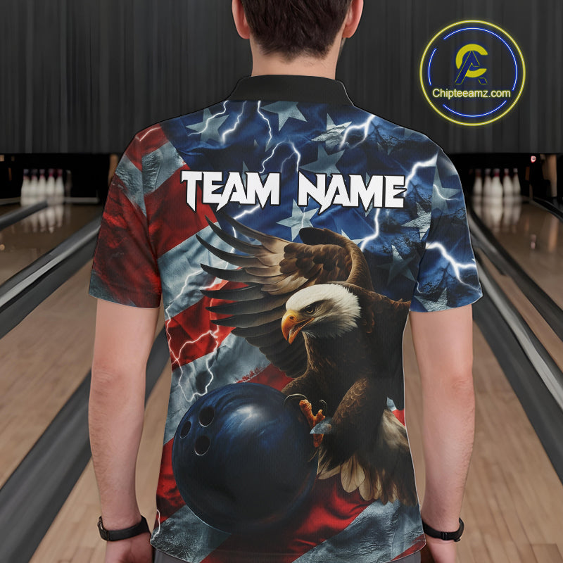 American Flag Eagle Lightning Thunder Bowling Shirts For Men Custom Patriotic Bowling Team Jerseys NQS11059