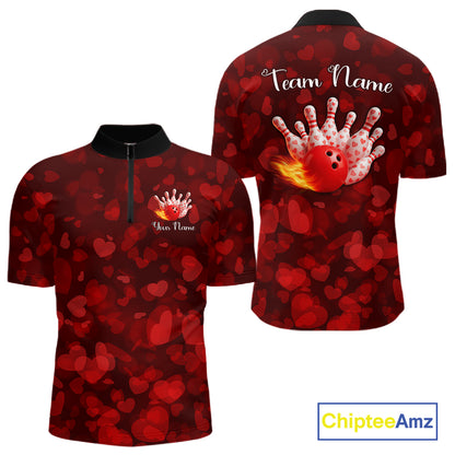 Red Hearts pattern Valentine Bowling Polo, 1/4 zip Shirts For Men Custom Bowling Couple Outfits NQS11251