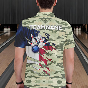 Texas Flag Green Camo Bowling Polo, Quarter Zip shirts for Men custom Texas Bowling Team Jerseys NQS9536