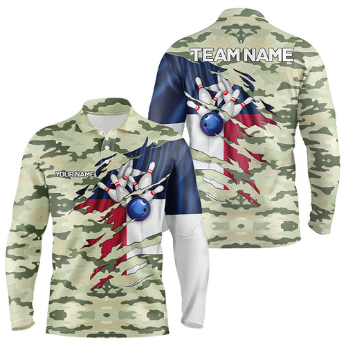 Texas Flag Green Camo Bowling Polo, Quarter Zip shirts for Men custom Texas Bowling Team Jerseys NQS9536