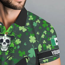 Load image into Gallery viewer, Personalized Green shamrock pattern Skull Men golf polo shirts Custom St Patrick day mens golf tops NQS9542