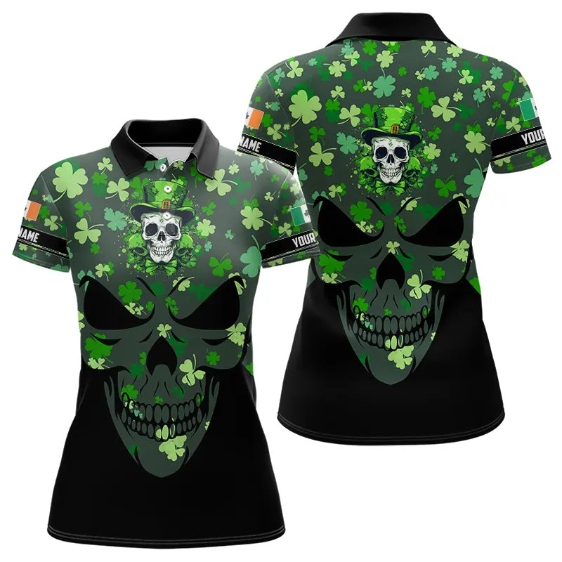 Personalized Green shamrock pattern Skull Women golf polo shirt Custom St Patrick day ladies golf tops NQS9542