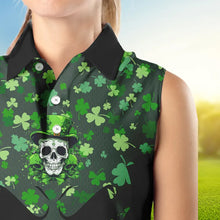 Load image into Gallery viewer, Green shamrock pattern Skull Women sleeveless golf polo shirt St Patrick day ladies golf tops NQS9542