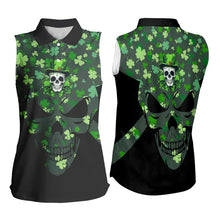 Load image into Gallery viewer, Green shamrock pattern Skull Women sleeveless golf polo shirt St Patrick day ladies golf tops NQS9542
