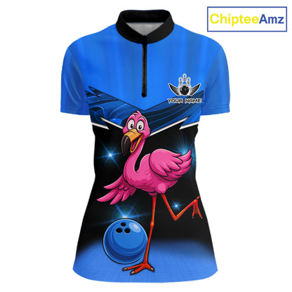 Funny Pink Flamingo Bowling Polo, 1/4 zip shirts for Women Custom Flamingo Team bowling outfit | Blue NQS11653