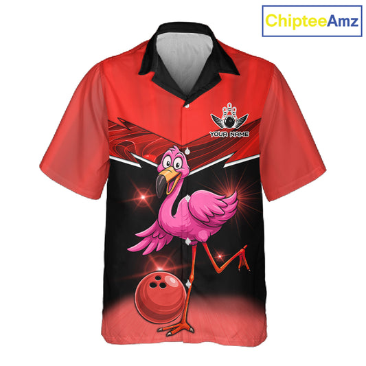 Funny Pink Flamingo Bowling Hawaiian Shirt Custom Flamingo Team bowling button-up shirt | Red NQS11654