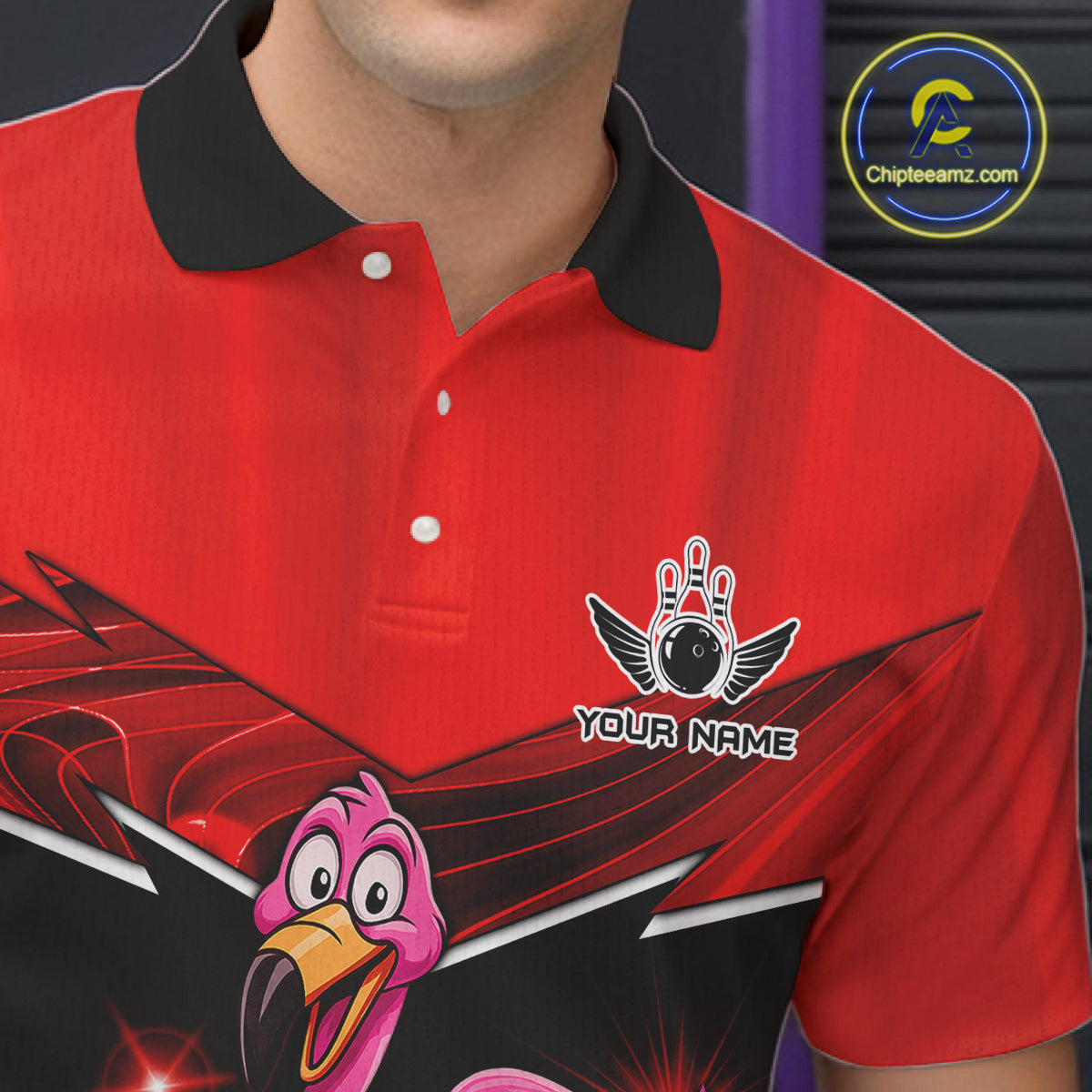 Funny Pink Flamingo Bowling Polo, 1/4 zip shirts for Men Custom Flamingo Team bowling outfit | Red NQS11654