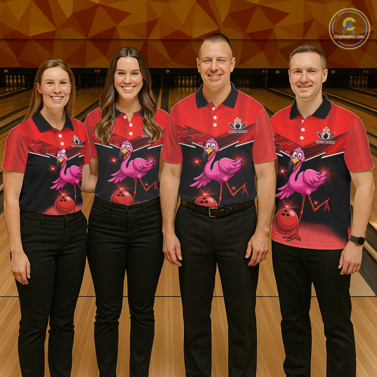 Funny Pink Flamingo Bowling Polo, 1/4 zip shirts for Women Custom Flamingo Team bowling outfit | Red NQS11654