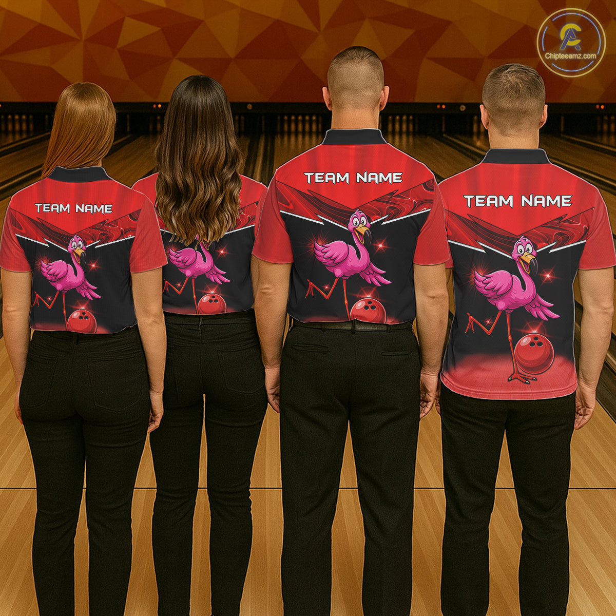 Funny Pink Flamingo Bowling Polo, 1/4 zip shirts for Women Custom Flamingo Team bowling outfit | Red NQS11654