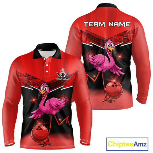 Funny Pink Flamingo Bowling Polo, 1/4 zip shirts for Men Custom Flamingo Team bowling outfit | Red NQS11654