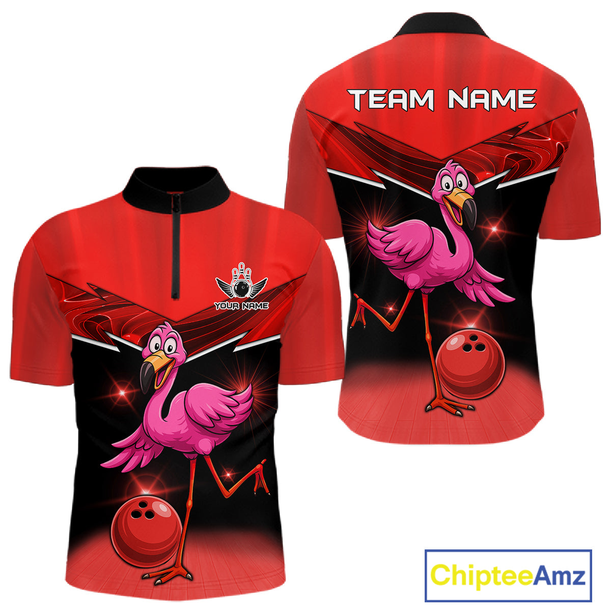 Funny Pink Flamingo Bowling Polo, 1/4 zip shirts for Men Custom Flamingo Team bowling outfit | Red NQS11654