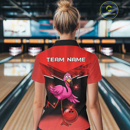 Funny Pink Flamingo Bowling Polo, 1/4 zip shirts for Women Custom Flamingo Team bowling outfit | Red NQS11654