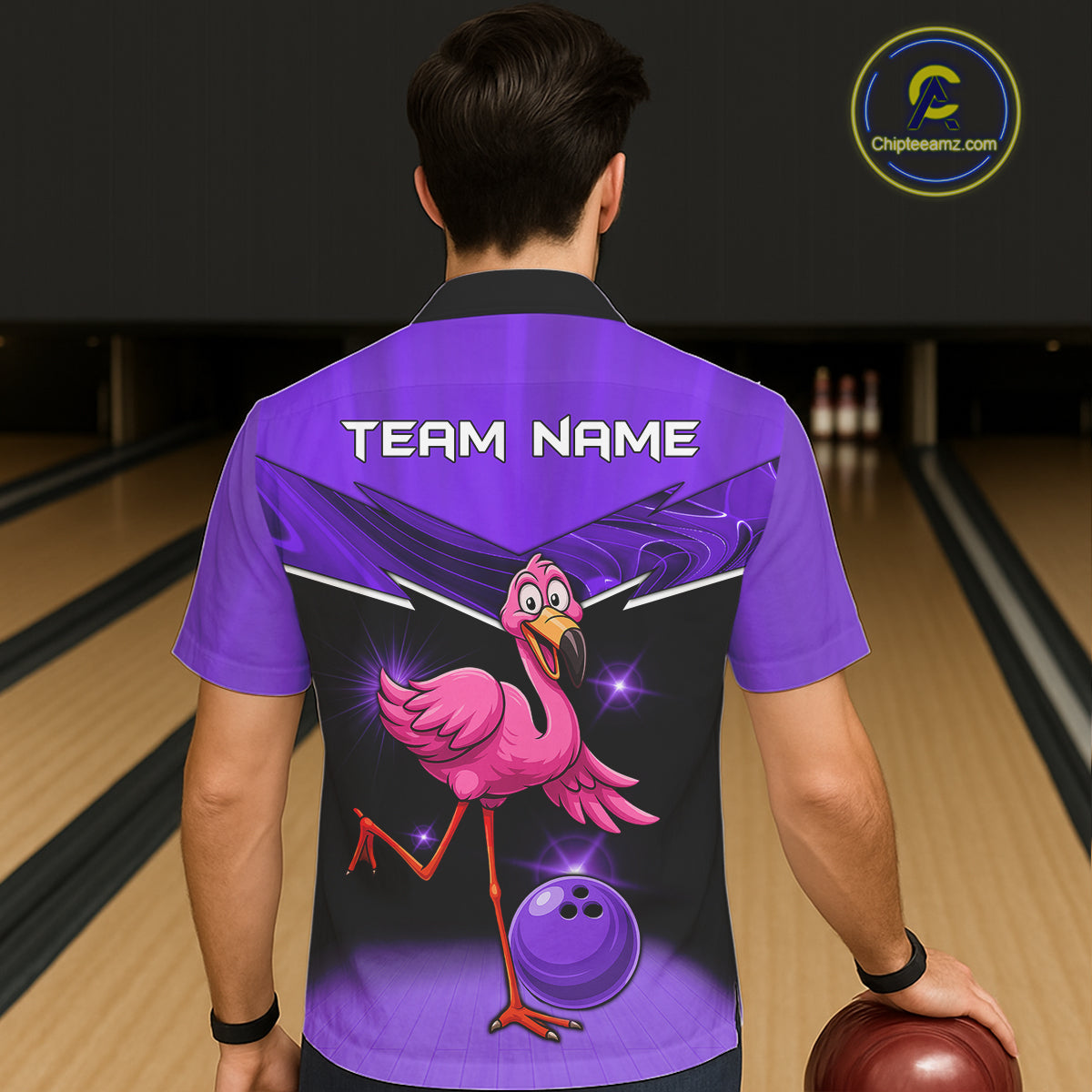 Funny Pink Flamingo Bowling Hawaiian Shirt Custom Flamingo Team bowling button-up shirt | Purple NQS11655