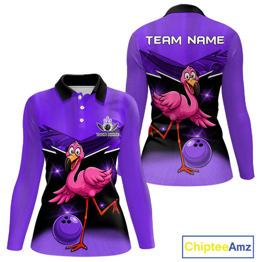 Funny Pink Flamingo Bowling Polo, 1/4 zip shirt for Women Custom Flamingo Team bowling outfit| Purple NQS11655