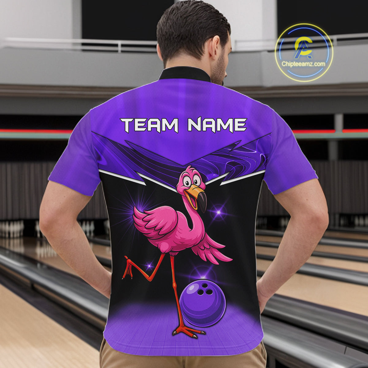 Funny Pink Flamingo Bowling Polo, 1/4 zip shirts for Men Custom Flamingo Team bowling outfit | Purple NQS11655