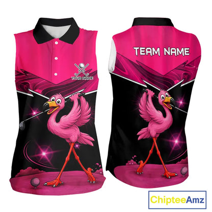 Funny Pink Flamingo Sleeveless Golf Shirt Custom Flamingo Team ladies golf tops, funny golf gifts NQS11656
