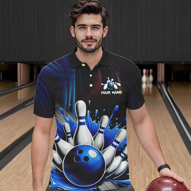 Black and Blue Men's bowling outfits Custom Team Mens bowling Polo, Quarter Zip Shirts NQS9700