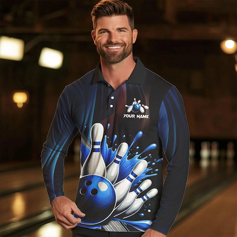 Black and Blue Men's bowling outfits Custom Team Mens bowling Polo, Quarter Zip Shirts NQS9700