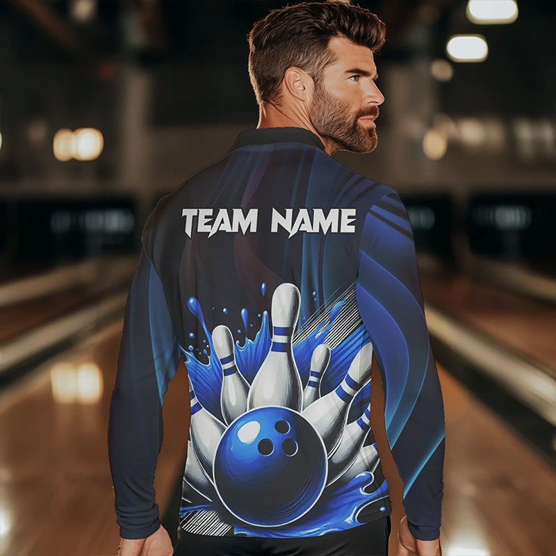 Black and Blue Men's bowling outfits Custom Team Mens bowling Polo, Quarter Zip Shirts NQS9700