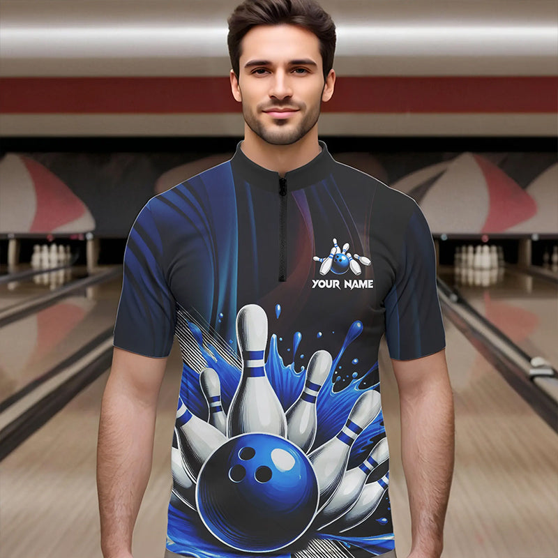 Black and Blue Men's bowling outfits Custom Team Mens bowling Polo, Quarter Zip Shirts NQS9700