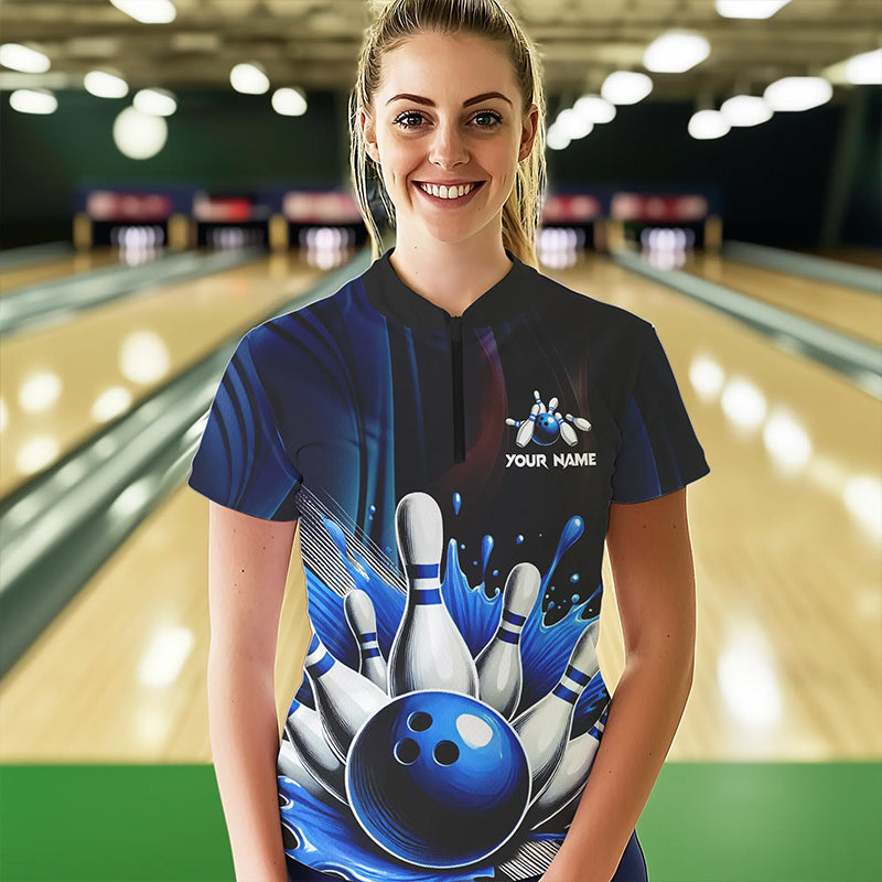 Black and Blue Women's bowling outfits Custom Team ladies bowling Polo, Quarter Zip Shirts NQS9700
