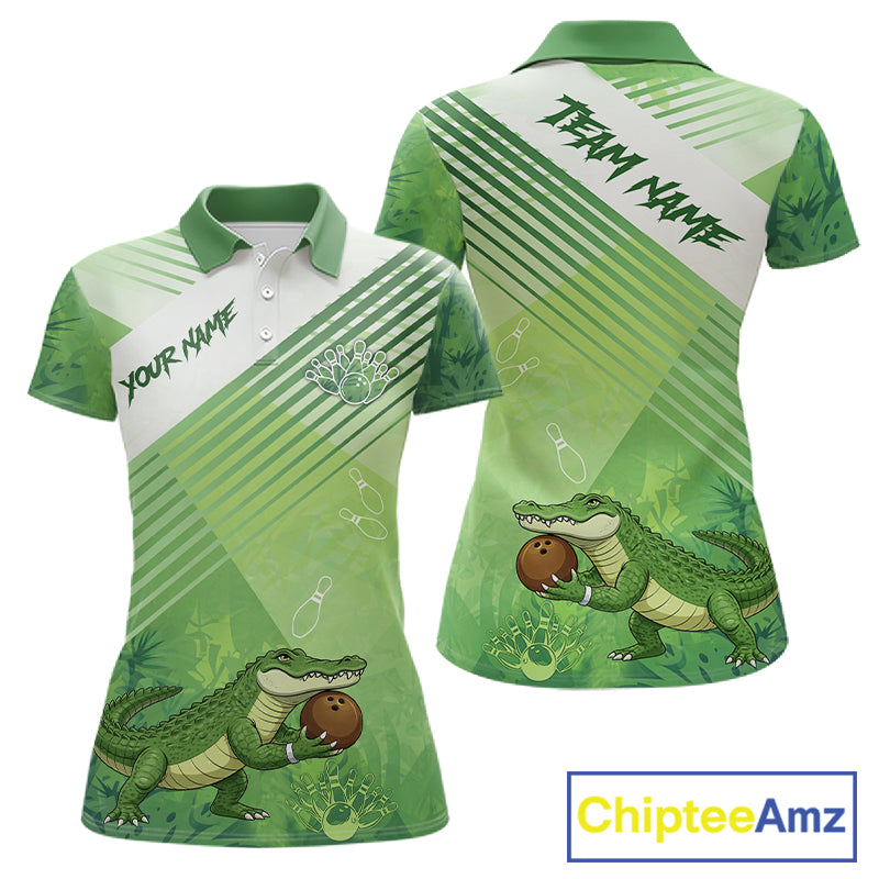 Funny Alligator Bowling Polo, 1/4 Zip Shirts For Women Custom Alligator Bowling Team Jerseys | Green NQS11742
