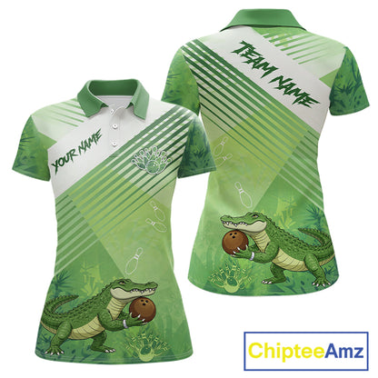 Funny Alligator Bowling Polo, 1/4 Zip Shirts For Women Custom Alligator Bowling Team Jerseys | Green NQS11742