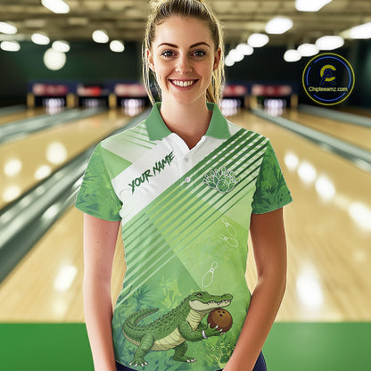 Funny Alligator Bowling Polo, 1/4 Zip Shirts For Women Custom Alligator Bowling Team Jerseys | Green NQS11742