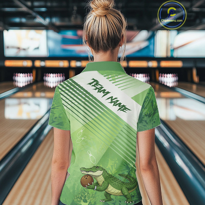 Funny Alligator Bowling Polo, 1/4 Zip Shirts For Women Custom Alligator Bowling Team Jerseys | Green NQS11742