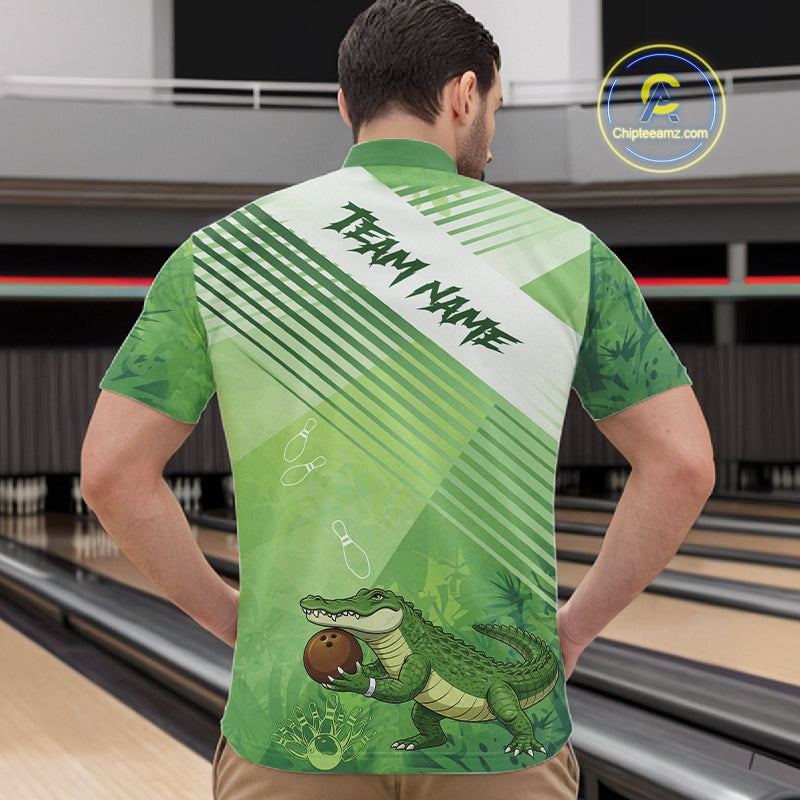 Funny Alligator Bowling Polo, 1/4 Zip Shirts For Men Custom Alligator Bowling Team Jerseys | Green NQS11742