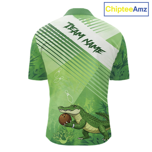 Funny Alligator Bowling Polo, 1/4 Zip Shirts For Men Custom Alligator Bowling Team Jerseys | Green NQS11742