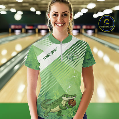 Funny Alligator Bowling Polo, 1/4 Zip Shirts For Women Custom Alligator Bowling Team Jerseys | Green NQS11742