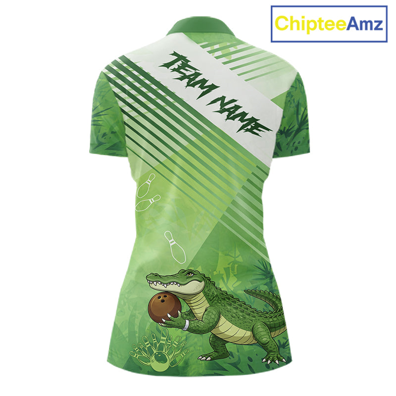 Funny Alligator Bowling Polo, 1/4 Zip Shirts For Women Custom Alligator Bowling Team Jerseys | Green NQS11742