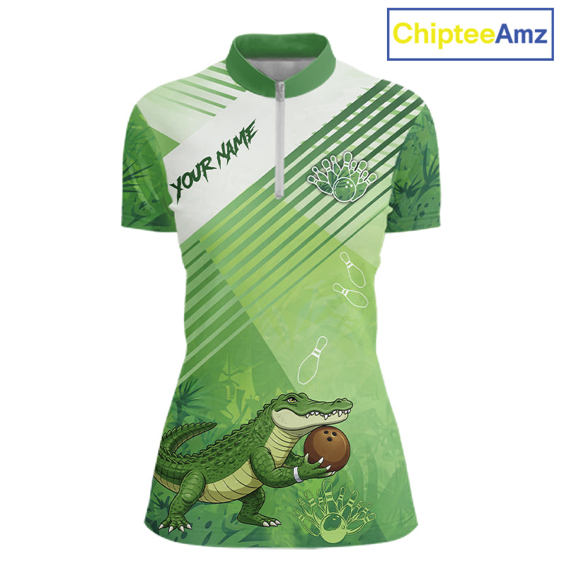 Funny Alligator Bowling Polo, 1/4 Zip Shirts For Women Custom Alligator Bowling Team Jerseys | Green NQS11742