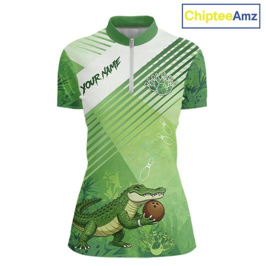 Funny Alligator Bowling Polo, 1/4 Zip Shirts For Women Custom Alligator Bowling Team Jerseys | Green NQS11742