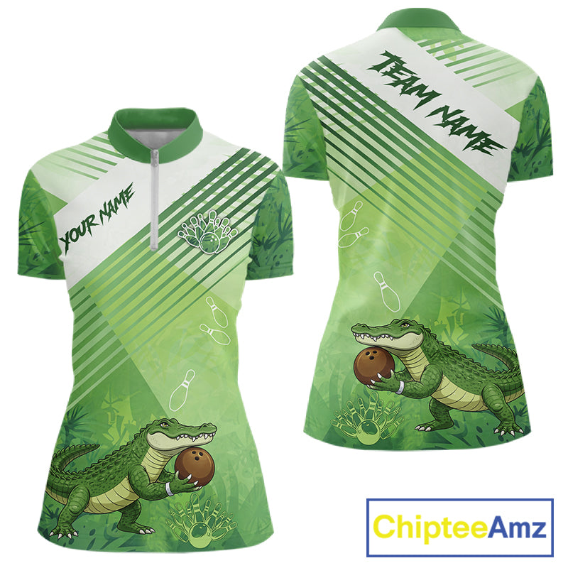 Funny Alligator Bowling Polo, 1/4 Zip Shirts For Women Custom Alligator Bowling Team Jerseys | Green NQS11742