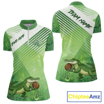 Funny Alligator Bowling Polo, 1/4 Zip Shirts For Women Custom Alligator Bowling Team Jerseys | Green NQS11742