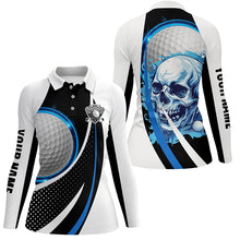Load image into Gallery viewer, Black and white Golf Skull Womens golf polos shirts custom golf attire for ladies, gifts golfer | Blue NQS7484