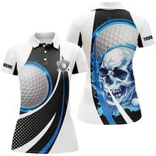 Load image into Gallery viewer, Black and white Golf Skull Womens golf polos shirts custom golf attire for ladies, gifts golfer | Blue NQS7484