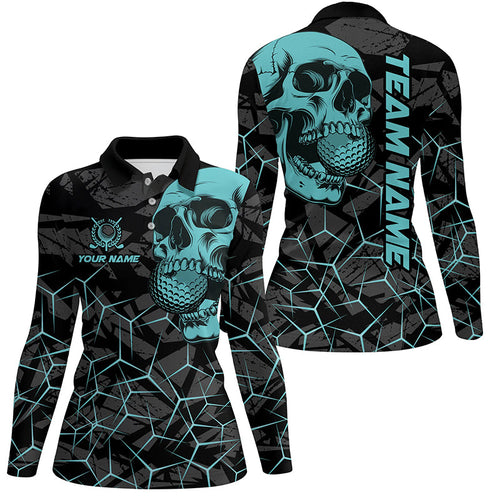 Black Skull camo golf polo shirt for women custom golf team jerseys, gifts for golfers | Turquoise NQS7829