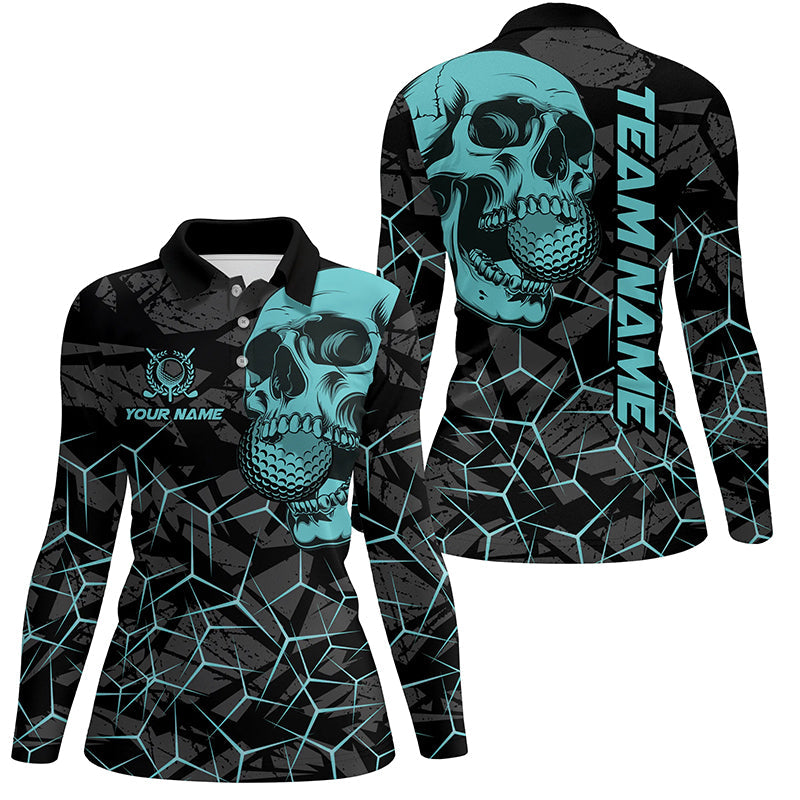Black Skull camo golf polo shirt for women custom golf team jerseys, gifts for golfers | Turquoise NQS7829