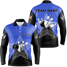 Load image into Gallery viewer, Blue and Black retro bowling ball pins star custom Men&#39;s bowling Polo, Quarter Zip shirts team jerseys NQS7830