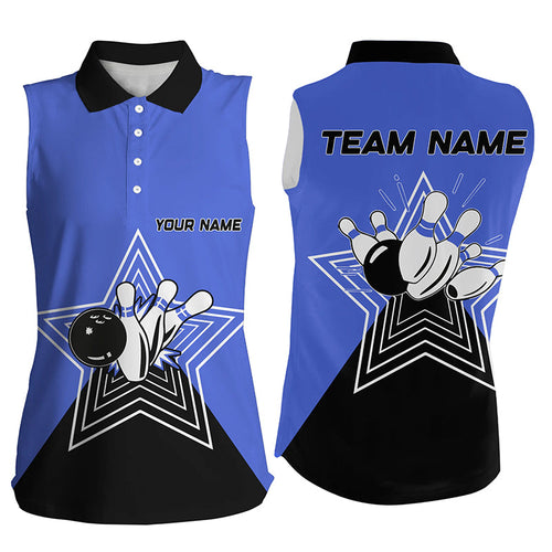 Blue and Black retro bowling ball pins star custom Women's bowling sleeveless polo shirt team jerseys NQS7830