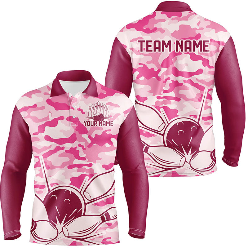 Pink Camo Bowling Polo, 1/4 Zip Shirts For Men Custom Bowling Team League Jerseys, Gift For Bowlers NQS8474
