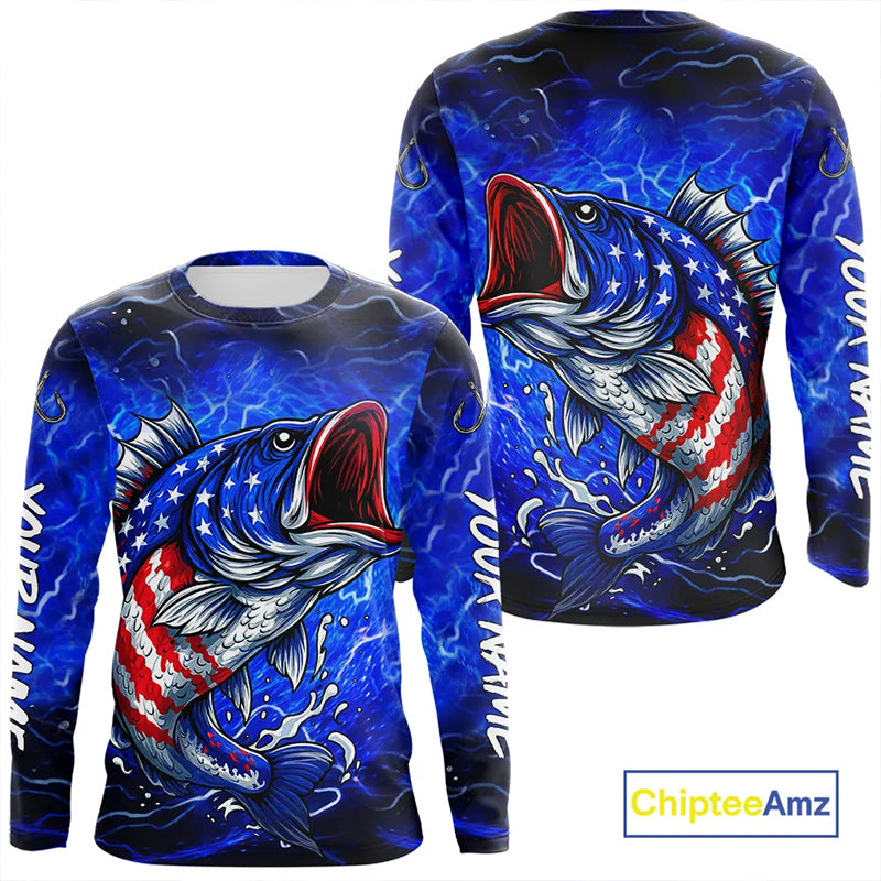 American Flag Largemouth Bass Fishing Custom patriotic Bass performance fishing apparel | Blue NQS11060