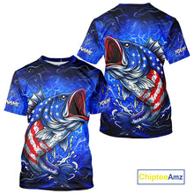 Load image into Gallery viewer, American Flag Largemouth Bass Fishing Custom patriotic Bass performance fishing apparel | Blue NQS11060