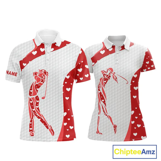 Personalized Red Hearts pattern matching golf polo shirts for couples custom Valentine golf gifts NQS11259
