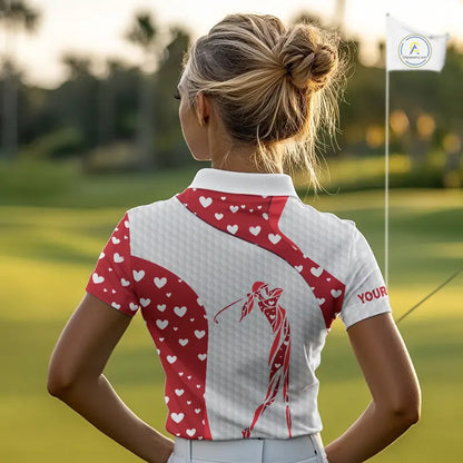 Personalized Red Hearts pattern golf white Womens golf polo shirts custom name Valentine golf gifts NQS11259
