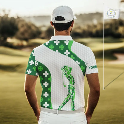 Personalized Green shamrock pattern golf white Mens golf polo shirt custom St Patrick's Day golf gift NQS11260